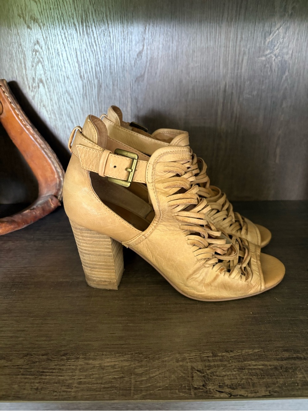 Chinese Laundry Tan Woven Open-Toe Block Heel Sandals